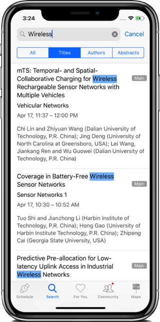 An earlier version of our conference app: search results for “Wireless” with matches highlighted, and tabs for Schedule, Search, For You, Community and Maps.