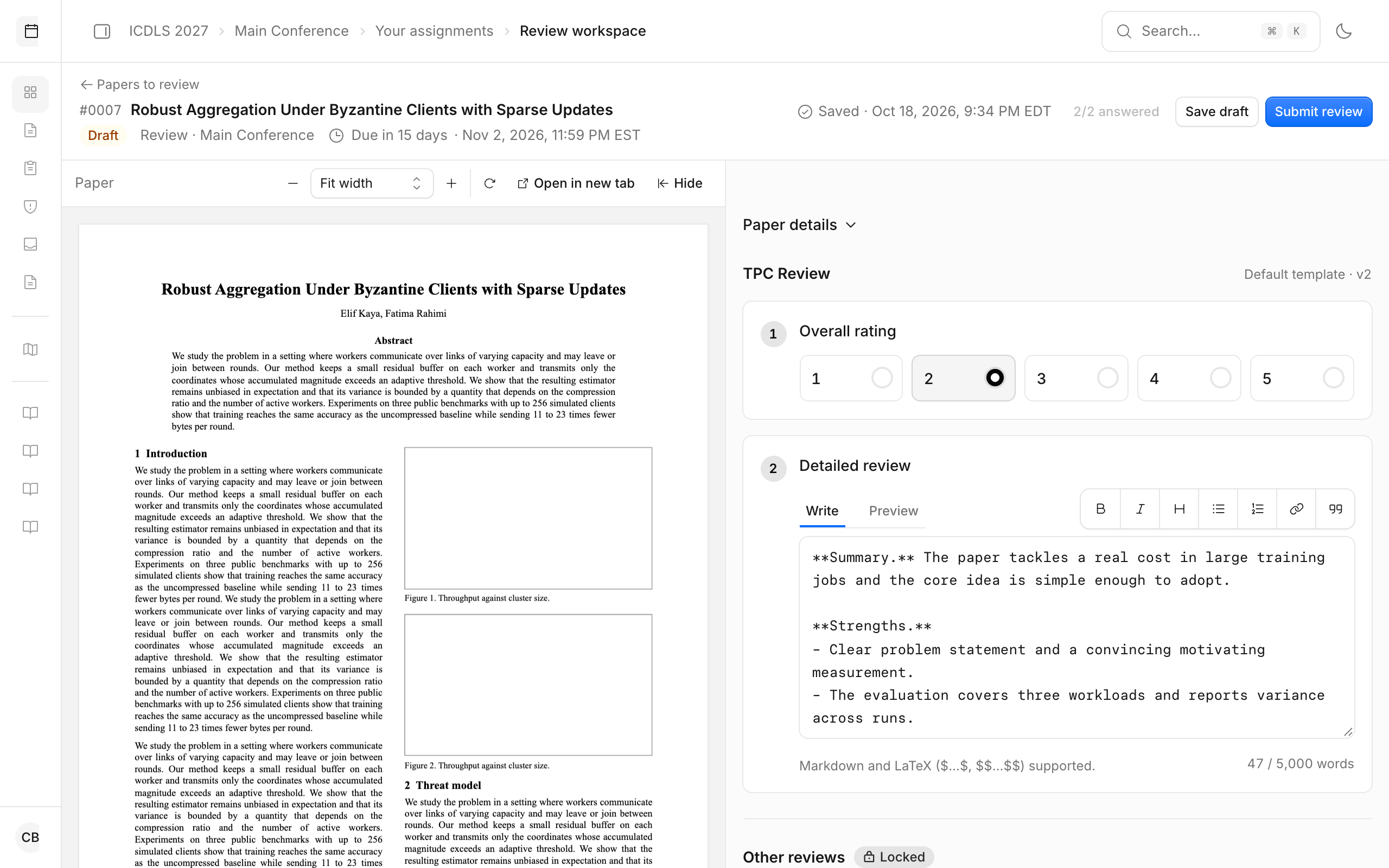 A reviewer’s workspace in ReviewsDue: the submitted paper’s PDF on the left, the review form with an overall rating and a detailed review on the right.